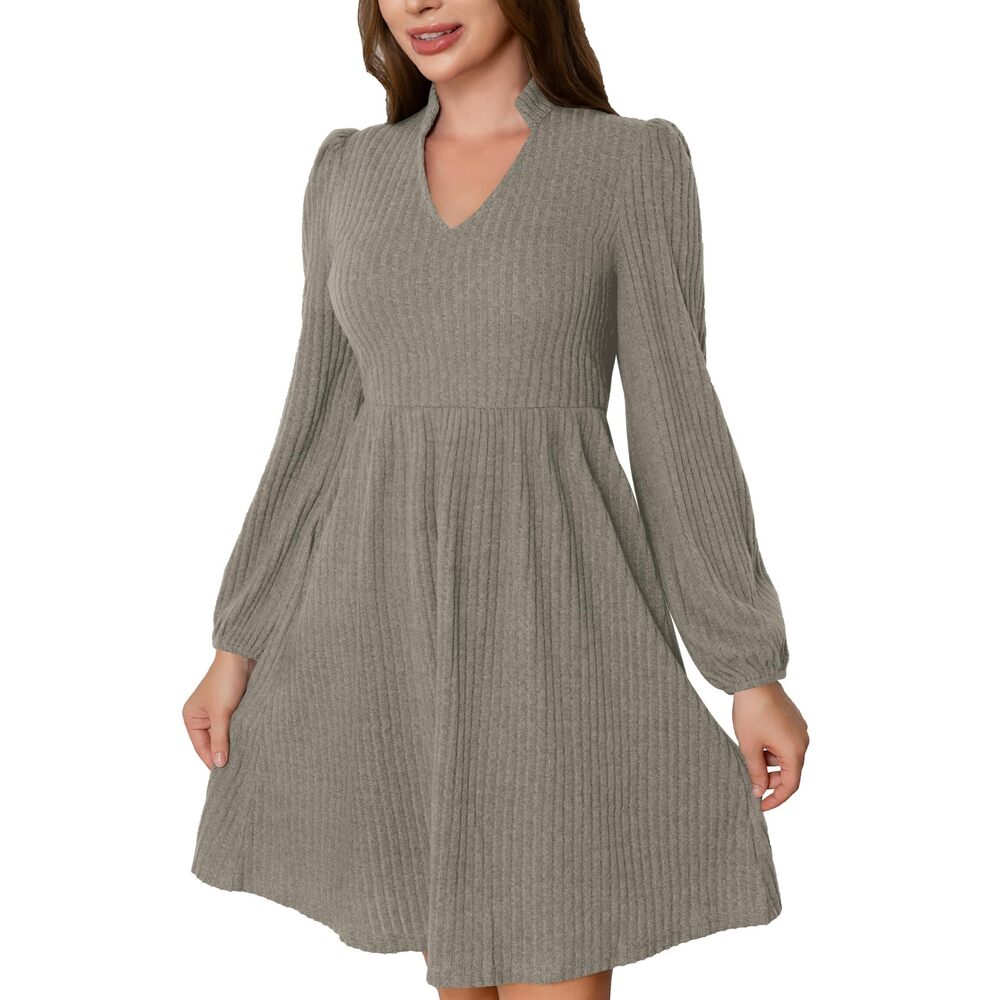 3676 Fall Dress 2024 with Pockets V Neck Cute Balloon Long Sleeve A-Line